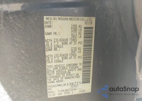 2018 Nissan Murano Sv z USA, uszkodzony, nr VIN 5N1AZ2MH1JN136725